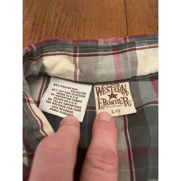 vintage Western Frontier Mens Large Pearl Snap Long Sleeve Plaid Maroon Gray - Picture 2 of 8